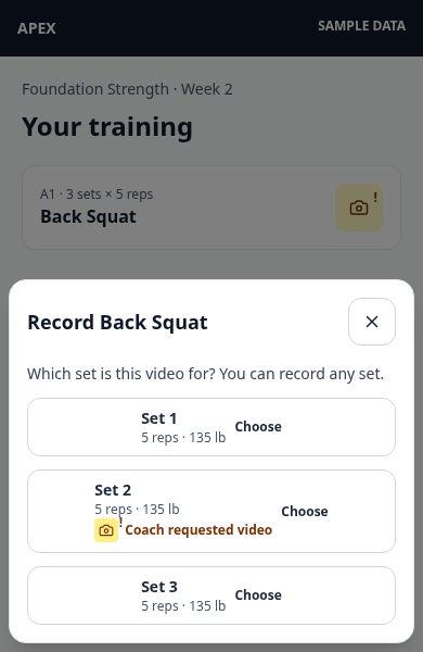 APEX form review: camera entry and Back Squat set picker, with sample data