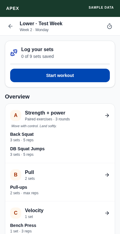APEX workout preview showing the day’s training